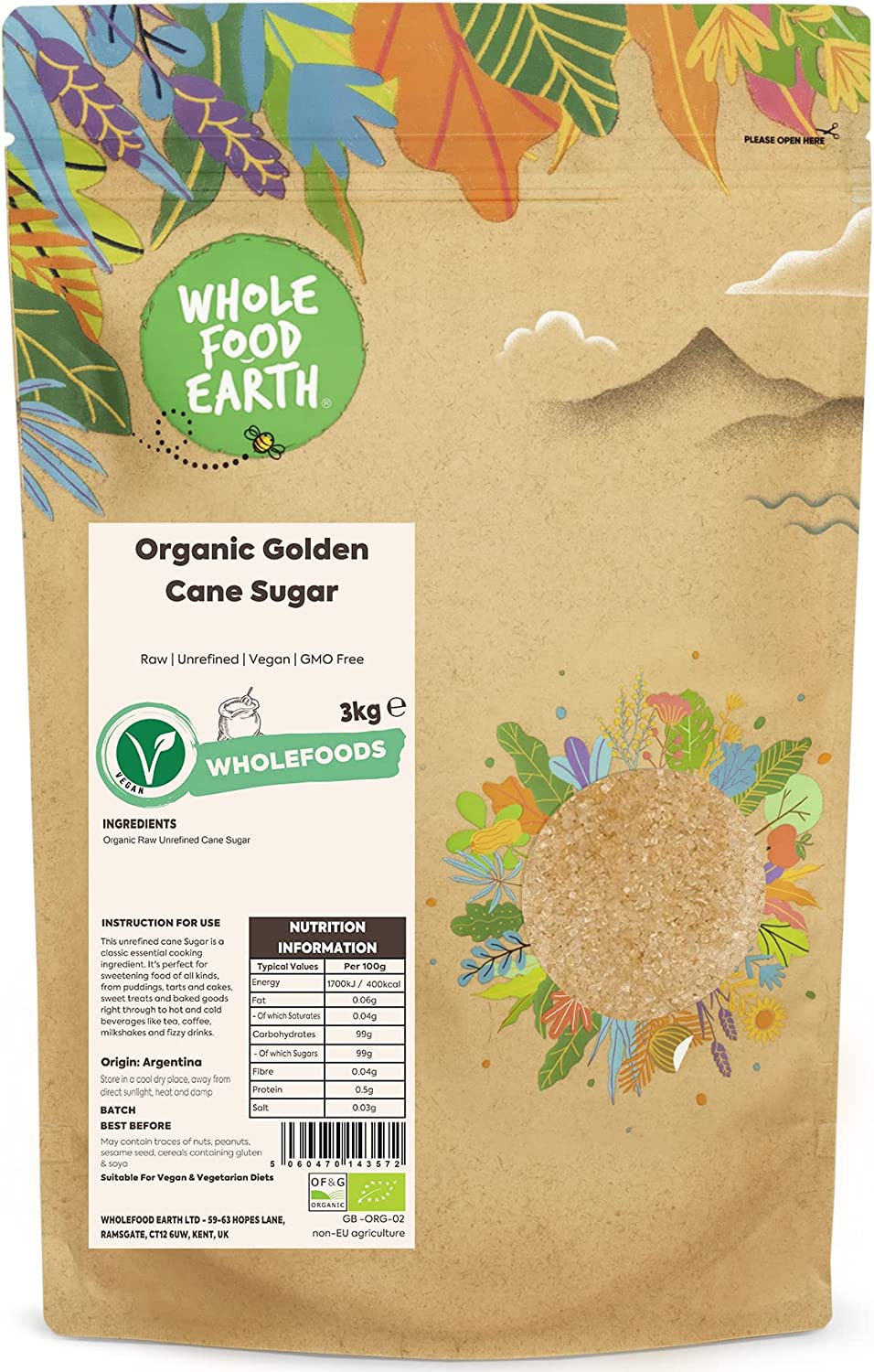 Wholefood Earth Organic Golden Cane Sugar 3kg RRP 16.53 CLEARANCE XL 9.99